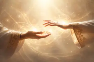 Handen die lichtenergie uitwisselen in een zacht gouden veld, symbool voor healing en energetische afstemming binnen de An Nah Healing Circle